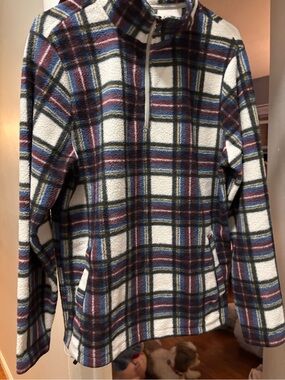 PacSun Men's Plaid Zip-Up Sherpa Pullover - White, Navy & Burgundy
